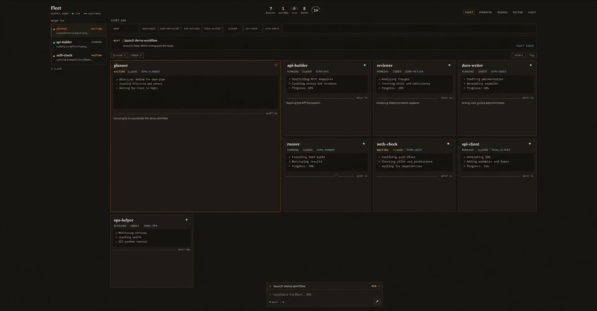 Fleet control room ranking active Claude Code and Codex sessions by the attention they need